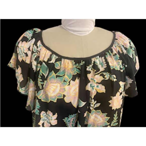 Philosophy Women’s Flutter Sleeve Black Floral Print Top Sz. XL Lightweight - Picture 4 of 11